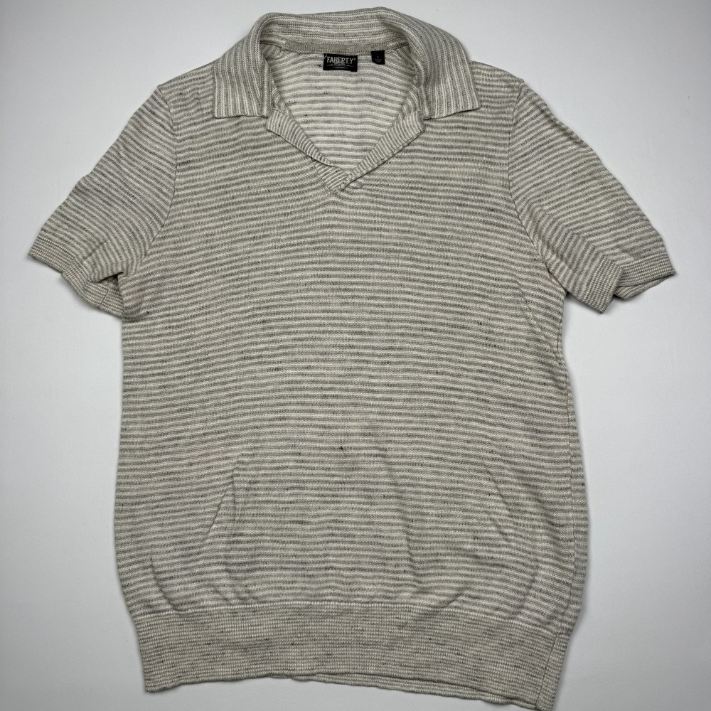 Faherty Sweater Mens Small Gray Linen Collared Short Sleeve Striped Knit Pocket